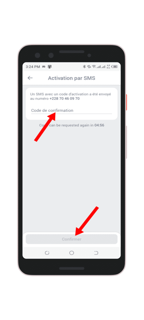 Entrez le code envoyé par SMS dans l’application et validez