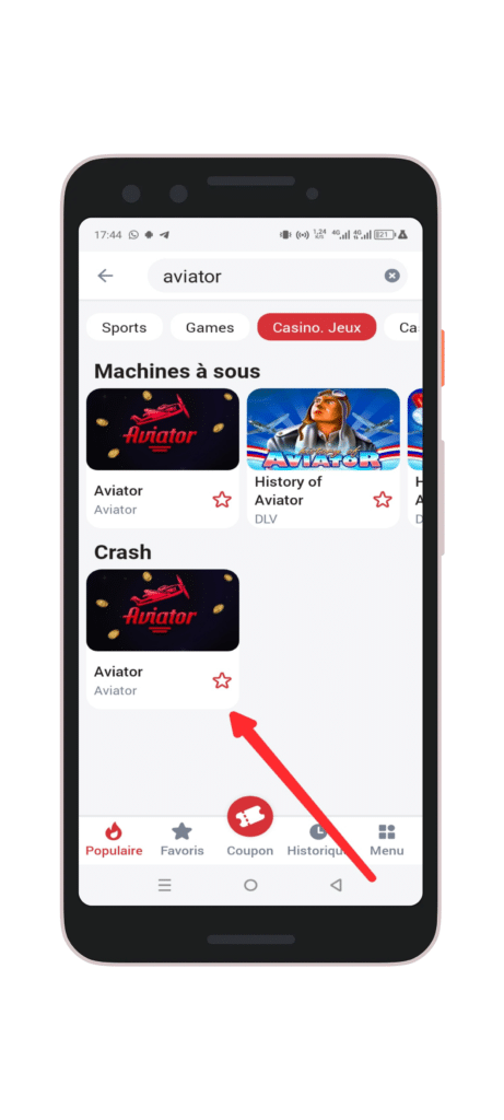 Localiser le jeux “Aviator”