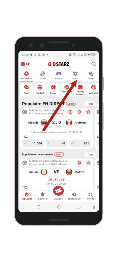 Accéder au menu casino