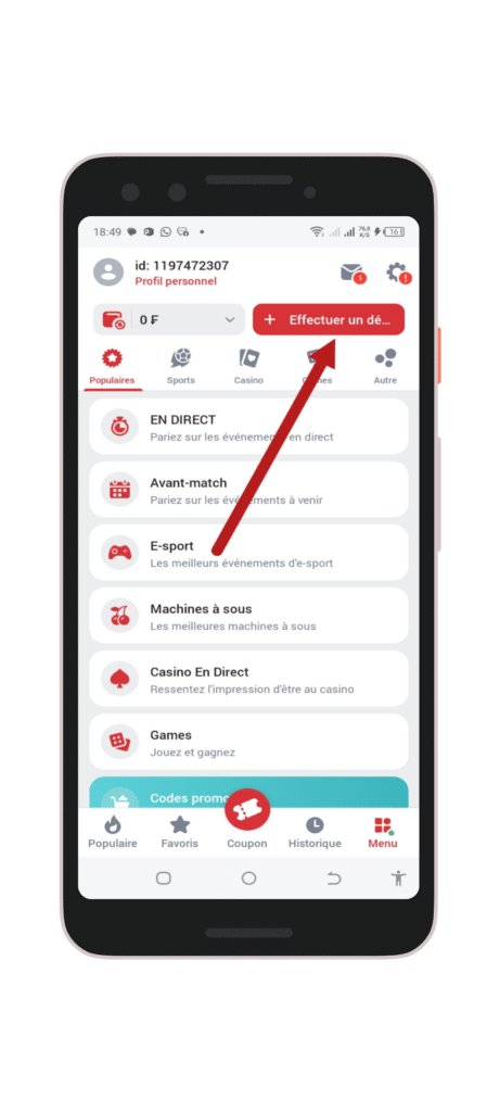 Cliquez sur "Effectuer un dépôt"
