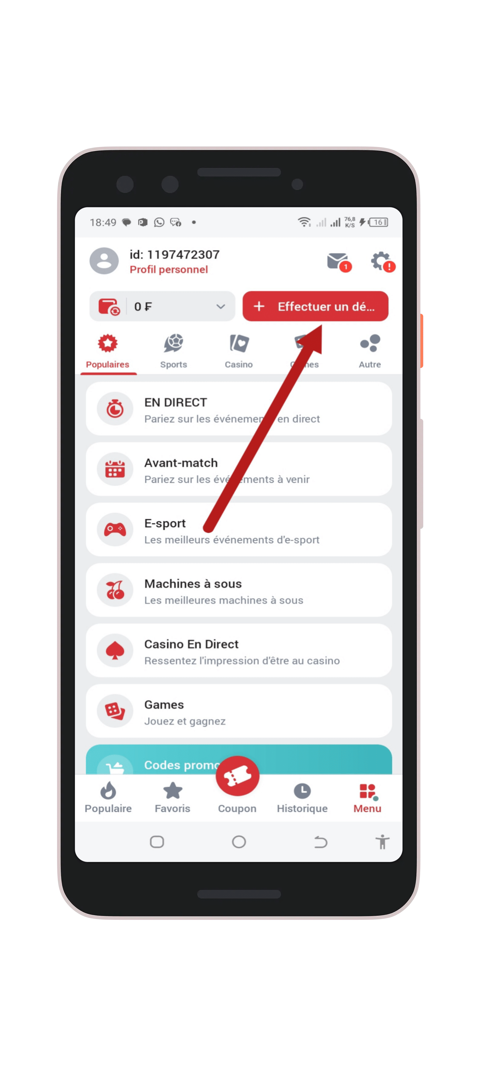 Cliquez sur "Effectuer un dépôt"
