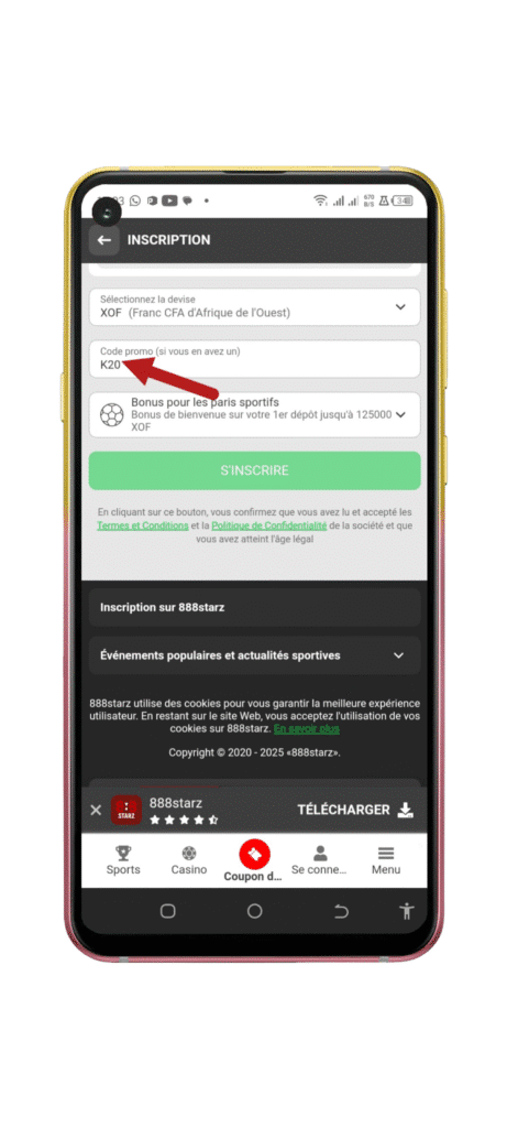 Entrer le code promo 888starz ci “K20”