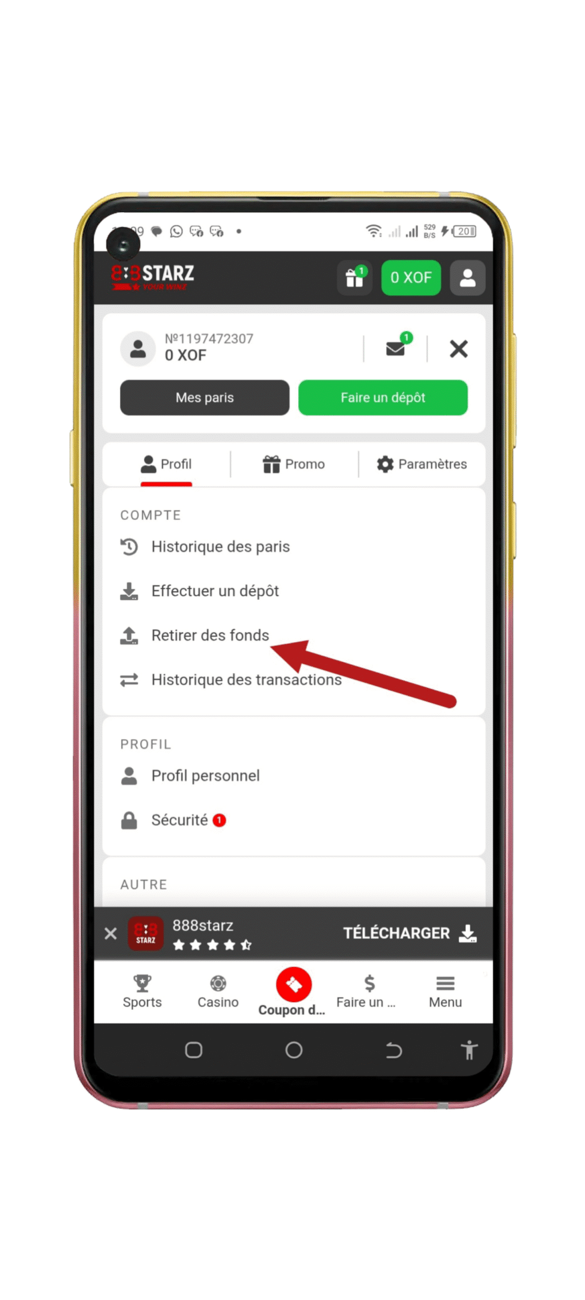 Cliquez sur faire un retrait