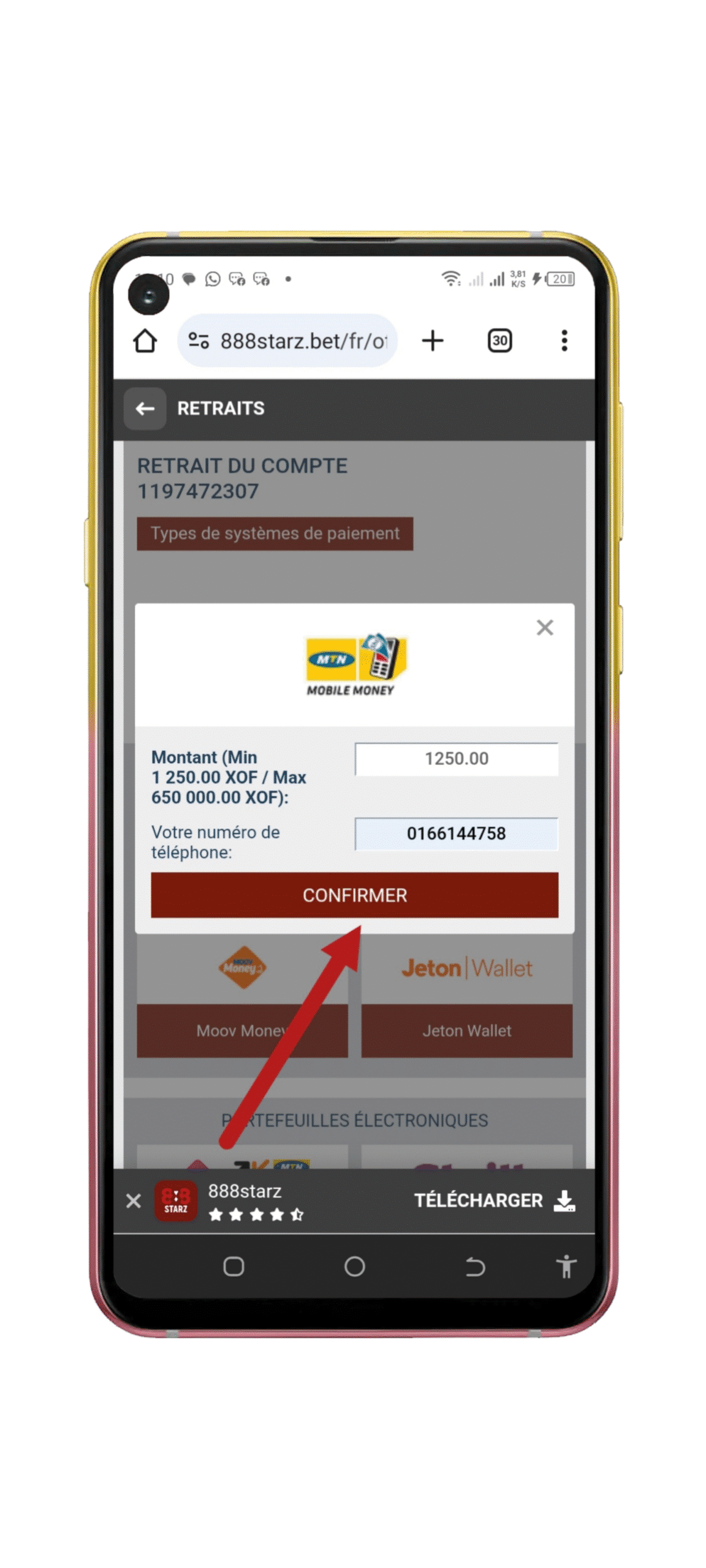 Indiquer le montant et valider le retrait