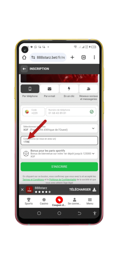 Ajoutez le code promo 888starz Bénin “1TRE”